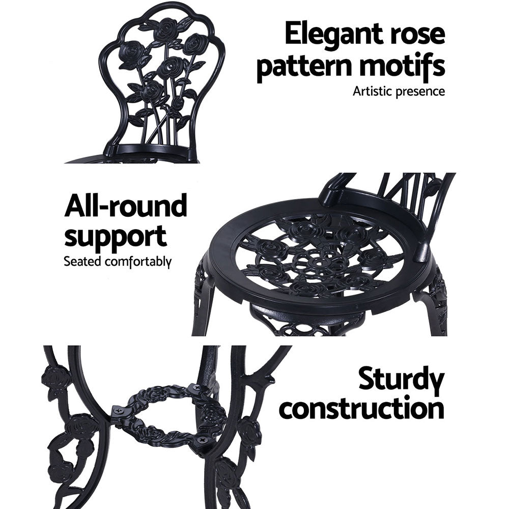 Gardeon 3PC Outdoor Setting Bistro Set Chairs Table Cast Aluminum Rose Black 4