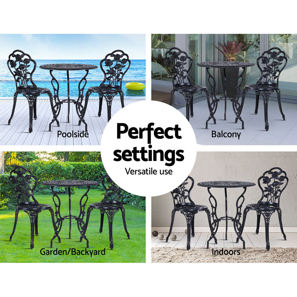 Gardeon 3PC Outdoor Setting Bistro Set Chairs Table Cast Aluminum Rose Black 6
