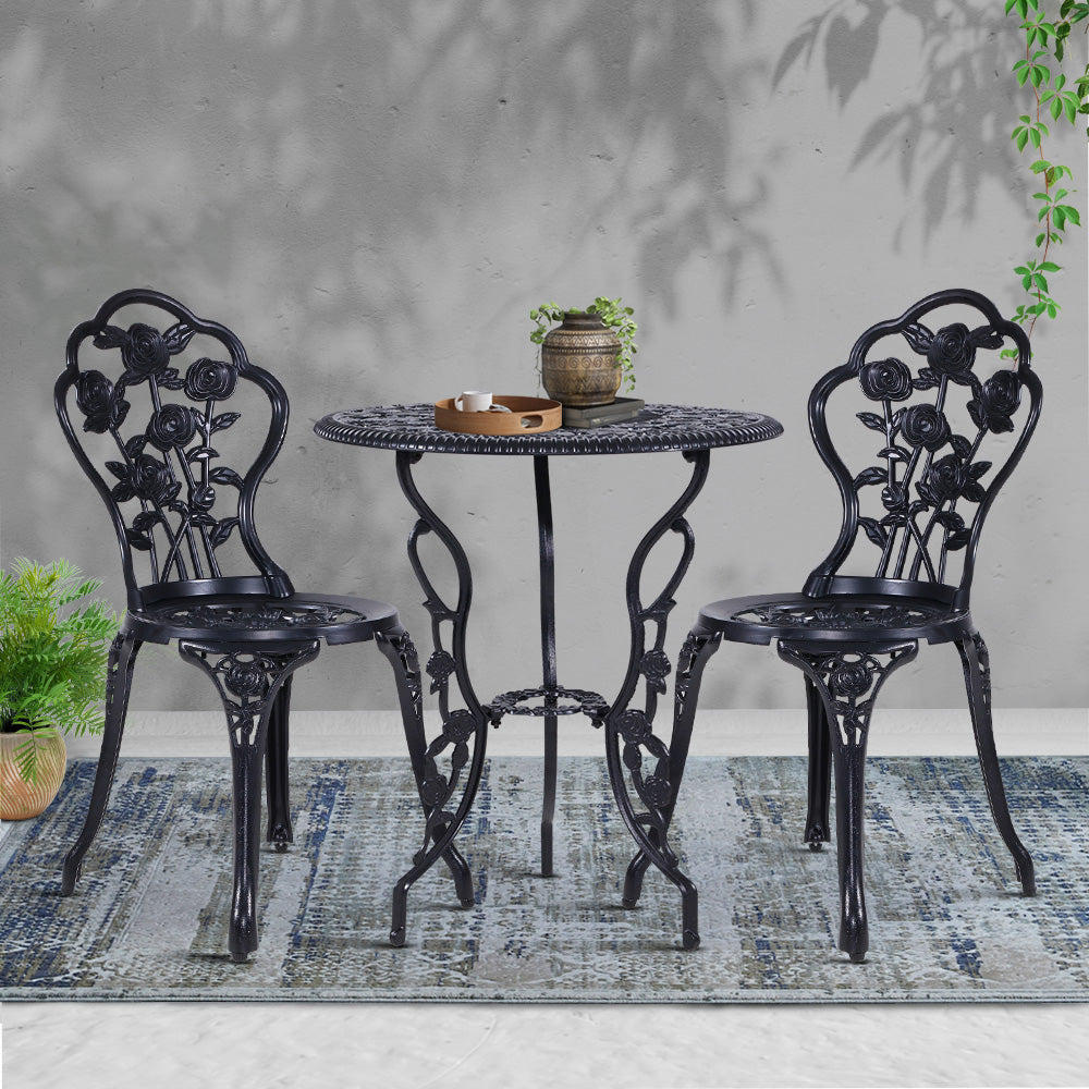 Gardeon 3PC Outdoor Setting Bistro Set Chairs Table Cast Aluminum Rose Black 7