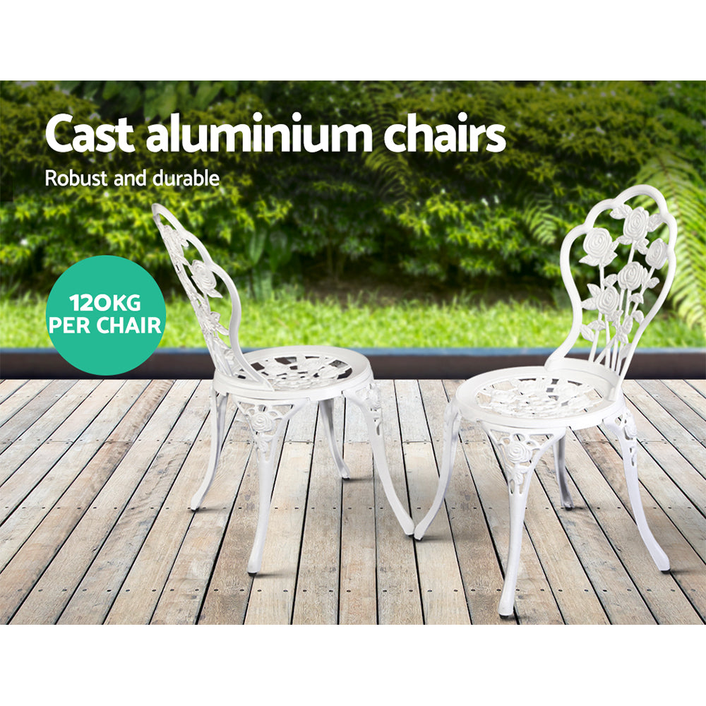 Gardeon 3PC Outdoor Setting Bistro Set Chairs Table Cast Aluminum Patio Furniture Rose White 3
