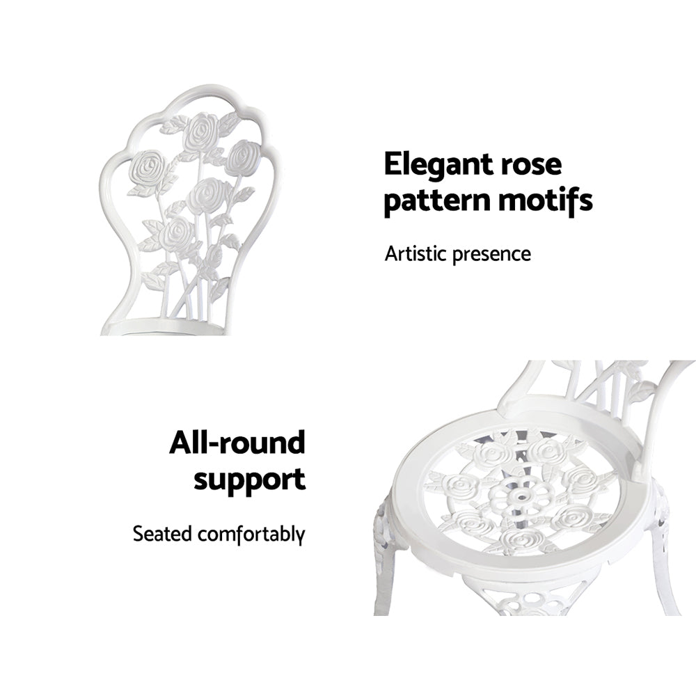 Gardeon 3PC Outdoor Setting Bistro Set Chairs Table Cast Aluminum Patio Furniture Rose White 4