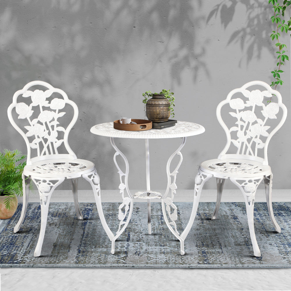 Gardeon 3PC Outdoor Setting Bistro Set Chairs Table Cast Aluminum Patio Furniture Rose White 7