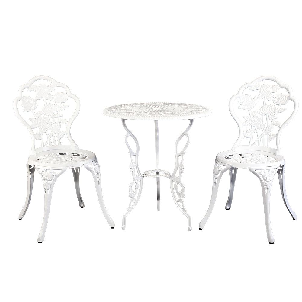 Gardeon 3PC Outdoor Setting Bistro Set Chairs Table Cast Aluminum Patio Furniture Rose White 8