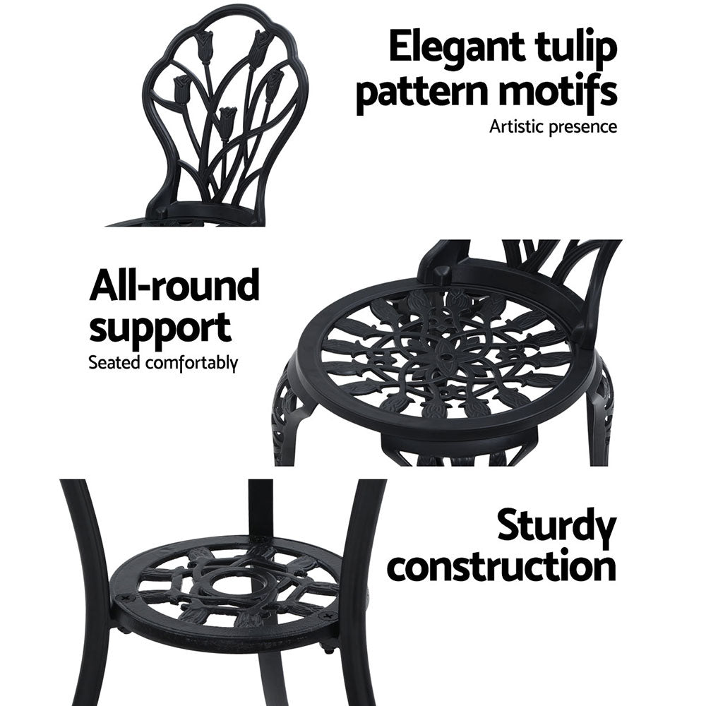 Gardeon 3PC Outdoor Setting Bistro Set Chairs Table Cast Aluminum Patio Furniture Tulip Black 4