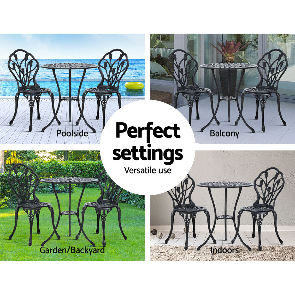 Gardeon 3PC Outdoor Setting Bistro Set Chairs Table Cast Aluminum Patio Furniture Tulip Black 6
