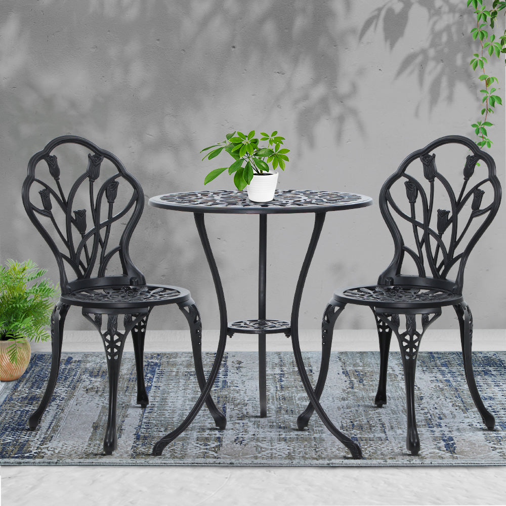Gardeon 3PC Outdoor Setting Bistro Set Chairs Table Cast Aluminum Patio Furniture Tulip Black 7