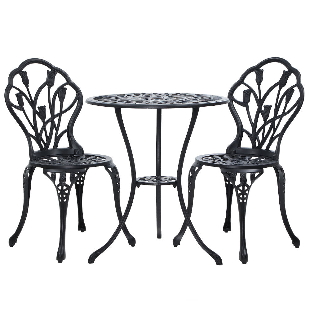 Gardeon 3PC Outdoor Setting Bistro Set Chairs Table Cast Aluminum Patio Furniture Tulip Black 8