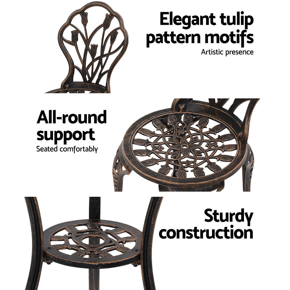 Gardeon 3PC Outdoor Setting Bistro Set Chairs Table Cast Aluminum Patio Furniture Tulip Bronze 4