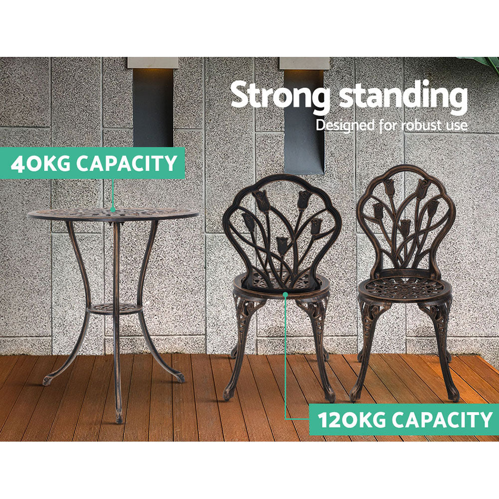 Gardeon 3PC Outdoor Setting Bistro Set Chairs Table Cast Aluminum Patio Furniture Tulip Bronze 5