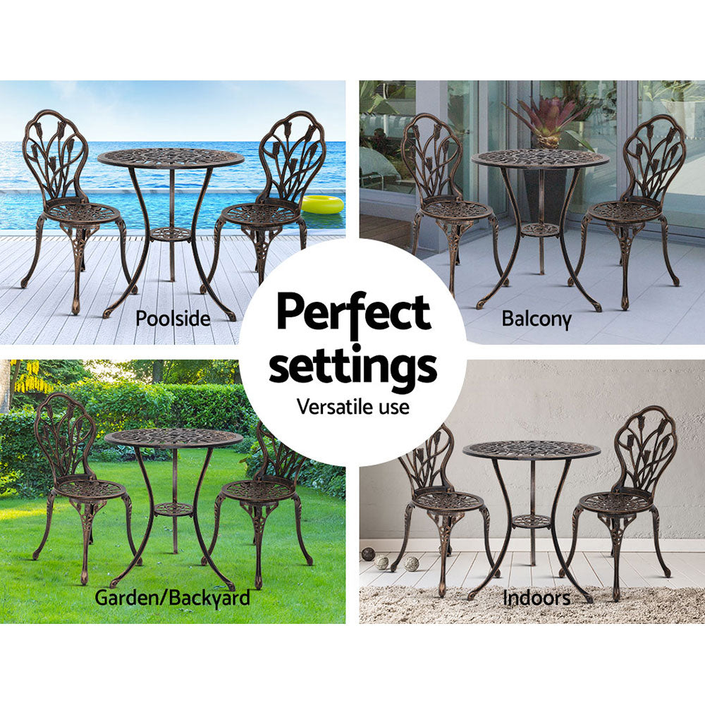 Gardeon 3PC Outdoor Setting Bistro Set Chairs Table Cast Aluminum Patio Furniture Tulip Bronze 6