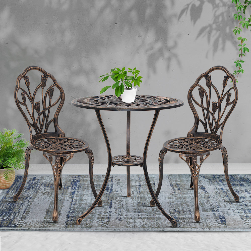 Gardeon 3PC Outdoor Setting Bistro Set Chairs Table Cast Aluminum Patio Furniture Tulip Bronze 7