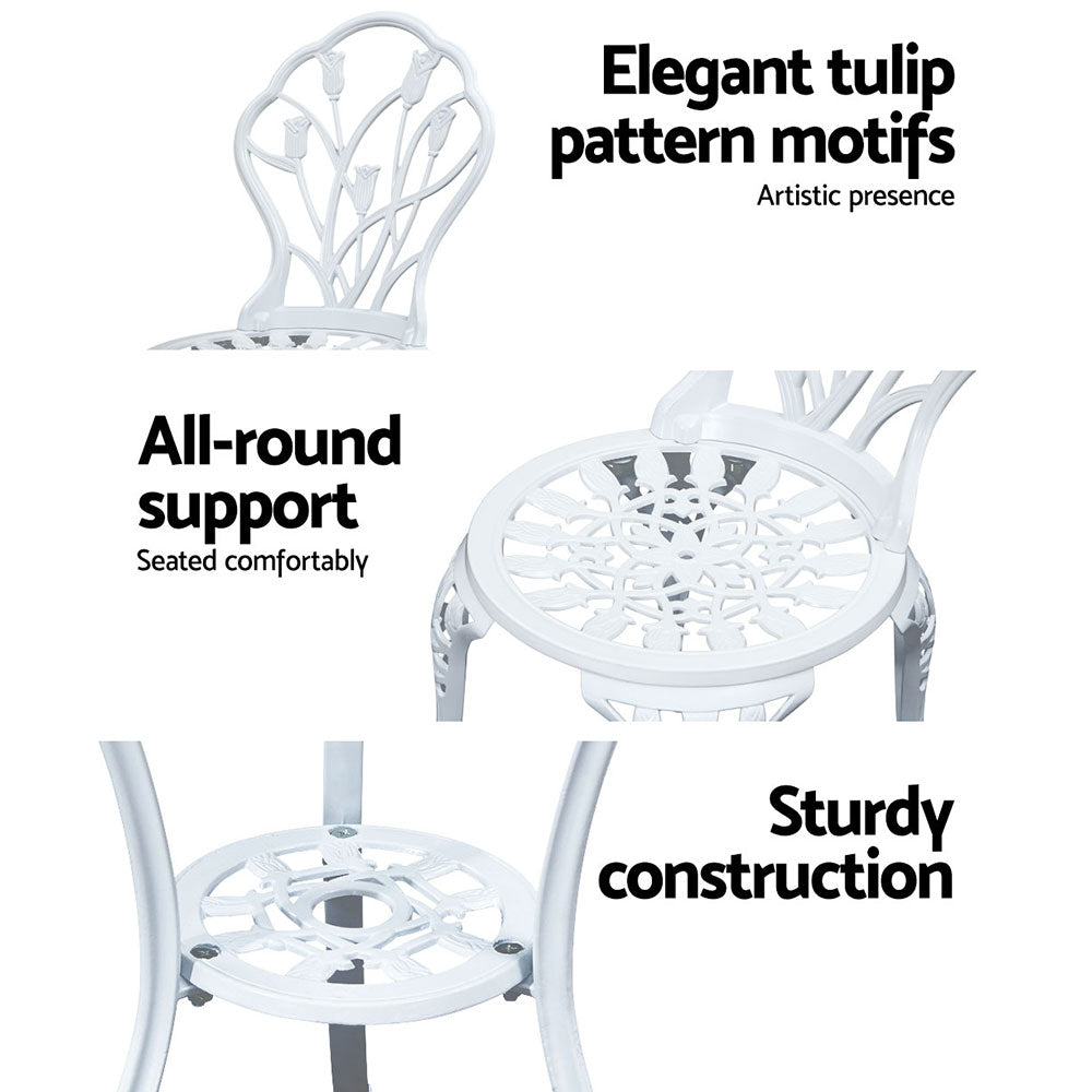 Gardeon 3PC Outdoor Setting Bistro Set Chairs Table Cast Aluminum Patio Furniture Tulip White 4