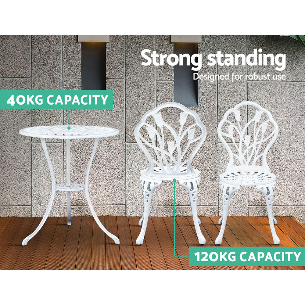 Gardeon 3PC Outdoor Setting Bistro Set Chairs Table Cast Aluminum Patio Furniture Tulip White 5