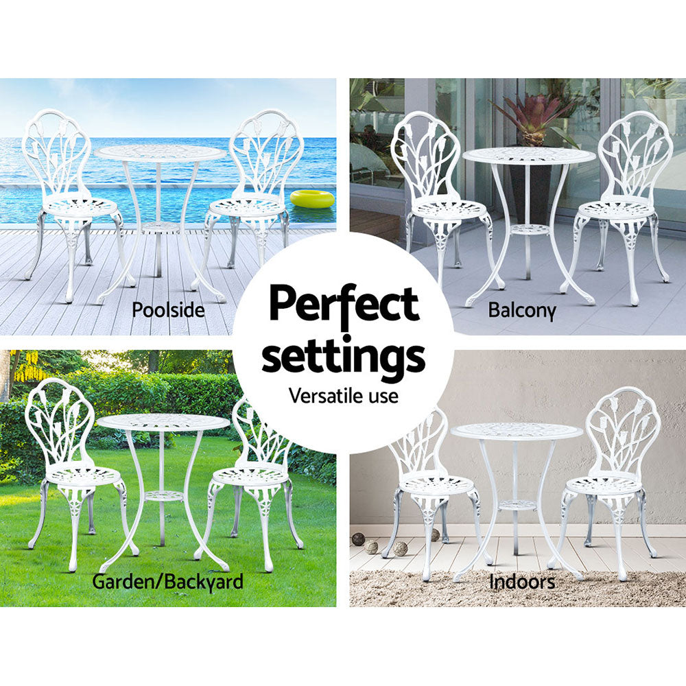 Gardeon 3PC Outdoor Setting Bistro Set Chairs Table Cast Aluminum Patio Furniture Tulip White 6