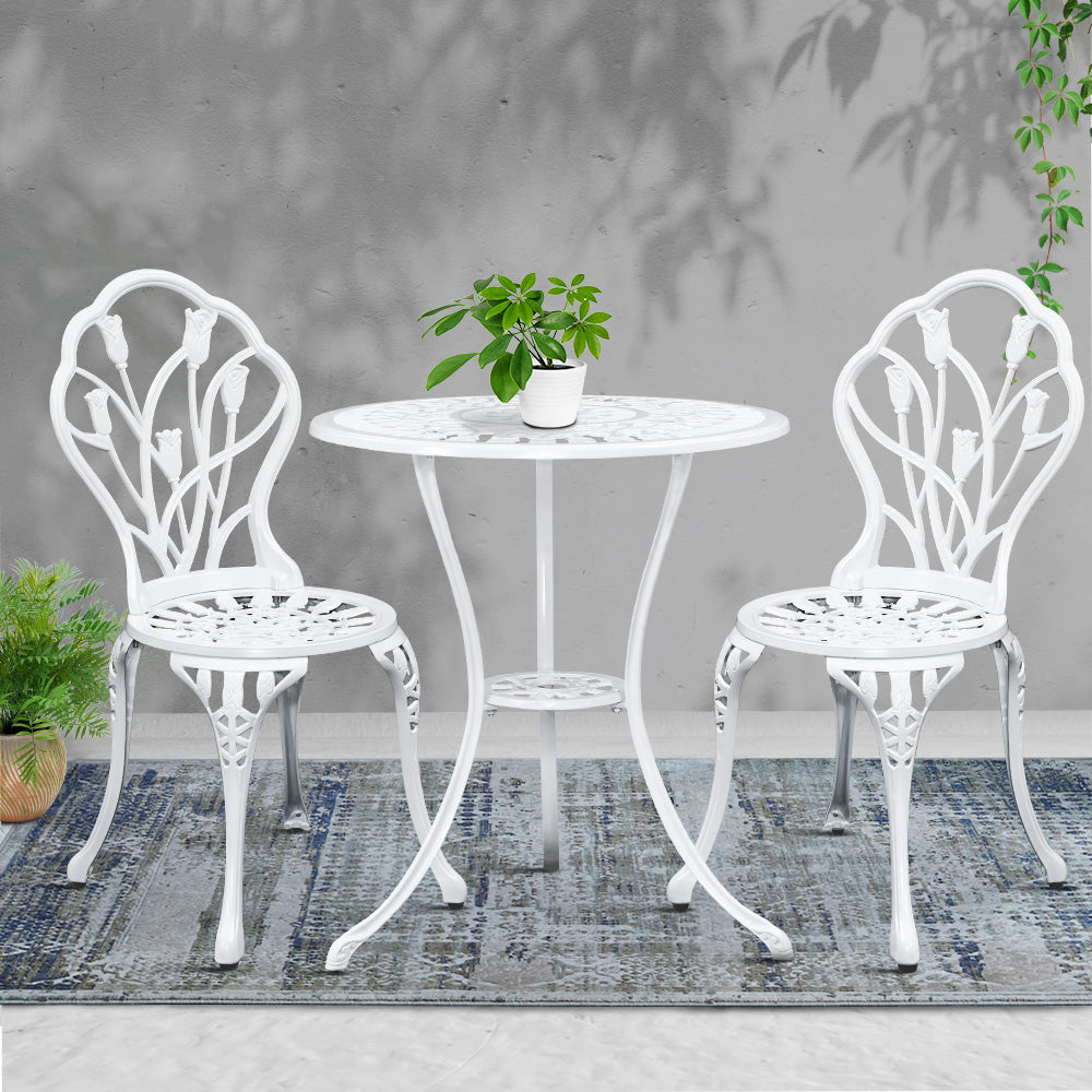 Gardeon 3PC Outdoor Setting Bistro Set Chairs Table Cast Aluminum Patio Furniture Tulip White 7
