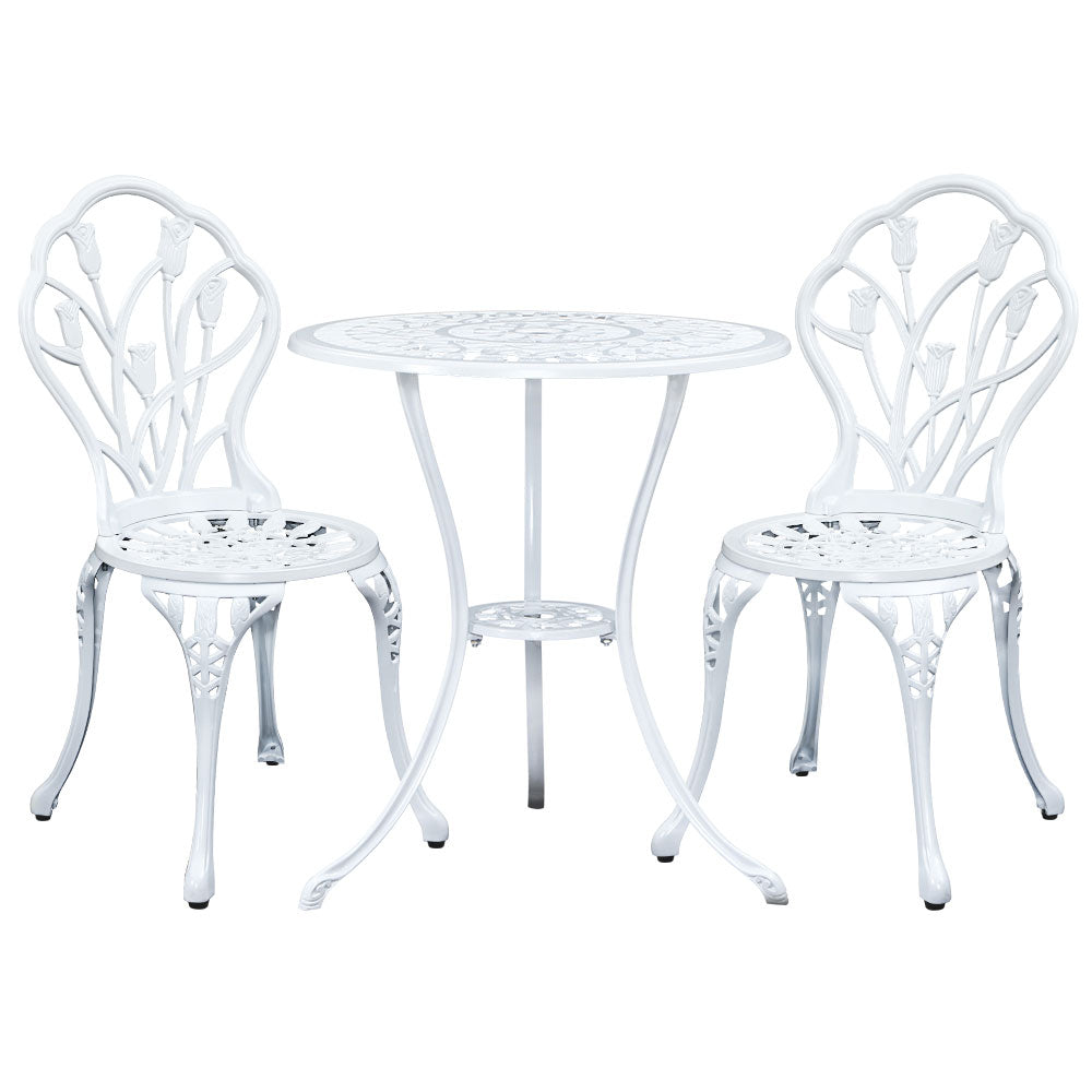 Gardeon 3PC Outdoor Setting Bistro Set Chairs Table Cast Aluminum Patio Furniture Tulip White 8