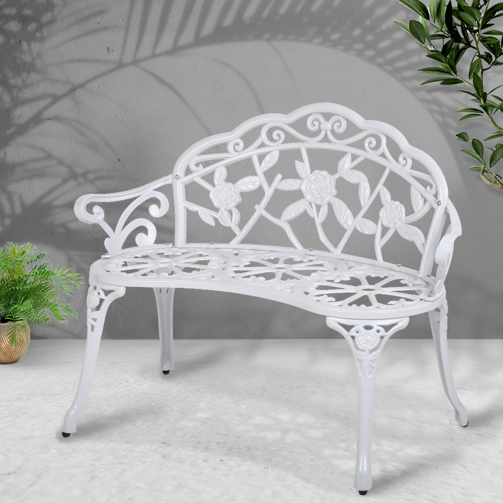 Gardeon Outdoor Garden Bench Seat 100cm Cast Aluminium Outdoor Patio Chair Vintage White 7