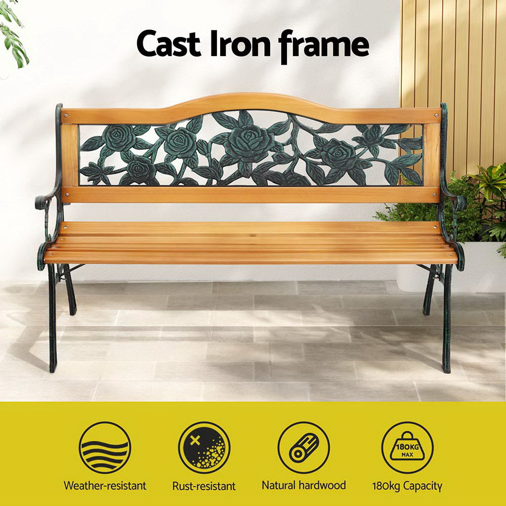 Gardeon Outdoor Garden Bench Seat 126cm Wooden Cast Iron 3 Seater Patio Furniture 4