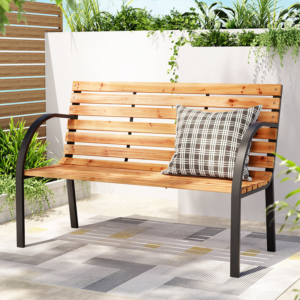 Gardeon Outdoor Garden Bench Seat 120cm Wooden Steel 2 Seater Patio Furniture Natural 7
