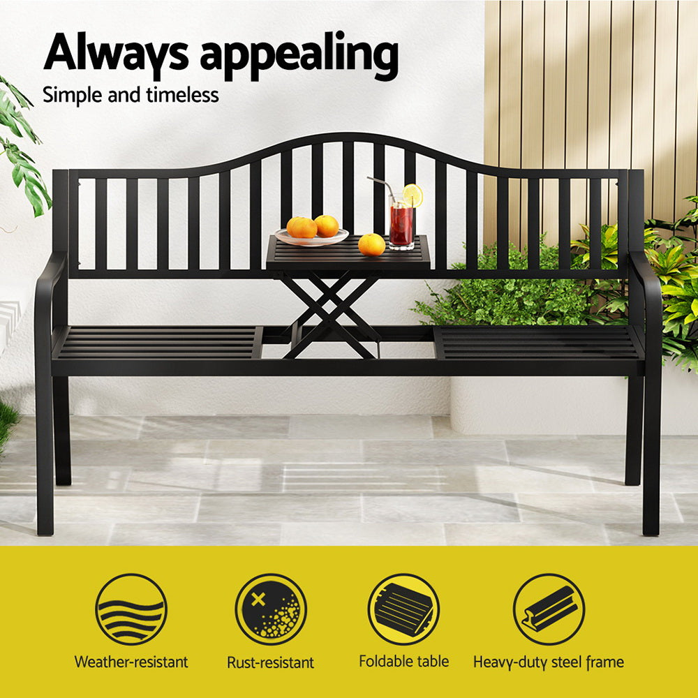 Gardeon Outdoor Garden Bench Seat Loveseat Steel Foldable Table Patio Furniture Black 4
