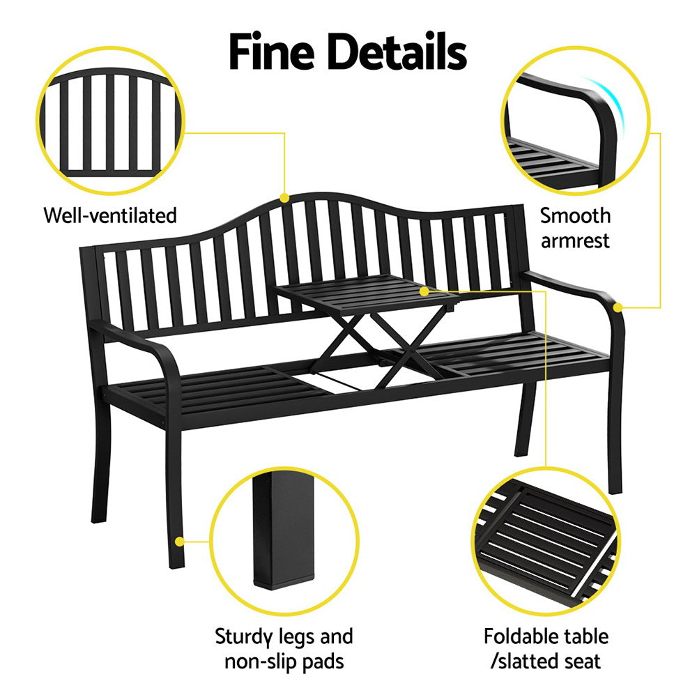Gardeon Outdoor Garden Bench Seat Loveseat Steel Foldable Table Patio Furniture Black 5
