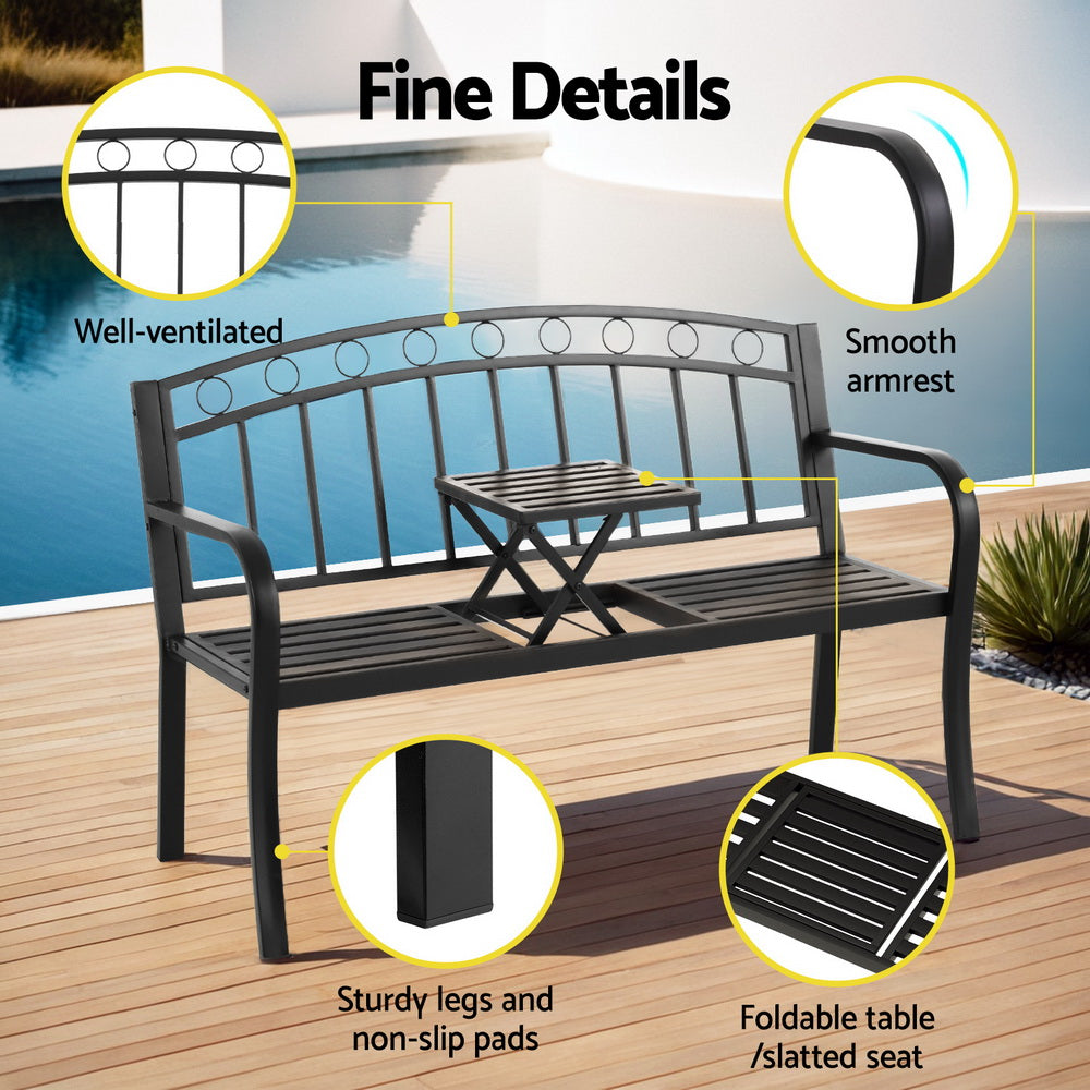Gardeon Outdoor Garden Bench Seat Loveseat Steel Foldable Table Patio Furniture Black 5