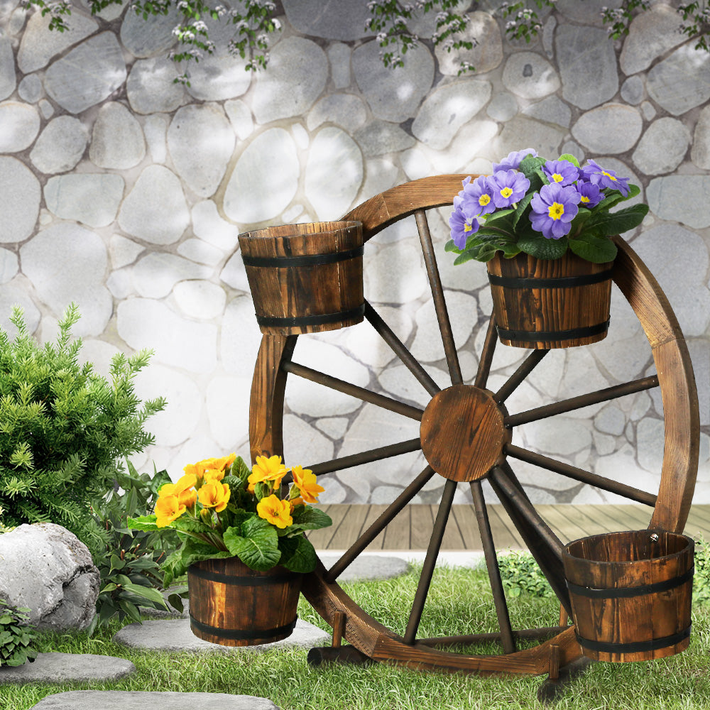 Gardeon Garden Decor Plant Stand Outdoor Ornament Wooden Wagon Wheel 80cm 8