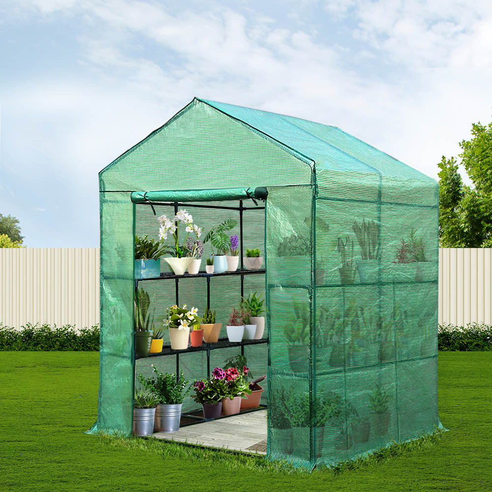 Green Fingers Greenhouse 1.4x1.55x2M Walk in Green House Tunnel Plant Garden Shed 8 Shelves 8
