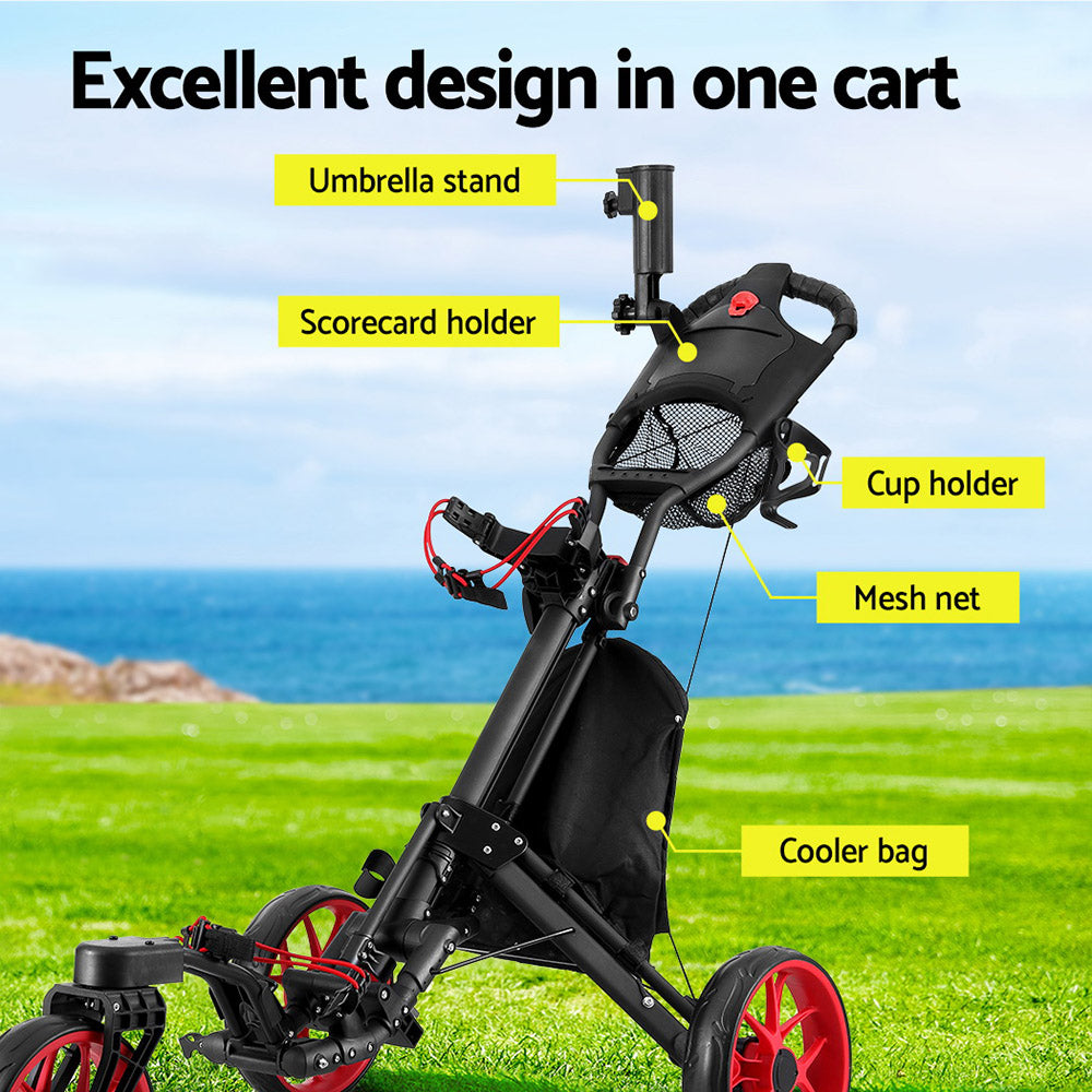 Everfit Golf Buggy Foldable Trolley Golf Cart Swivel Wheel Umbrella Bottle Stand 4
