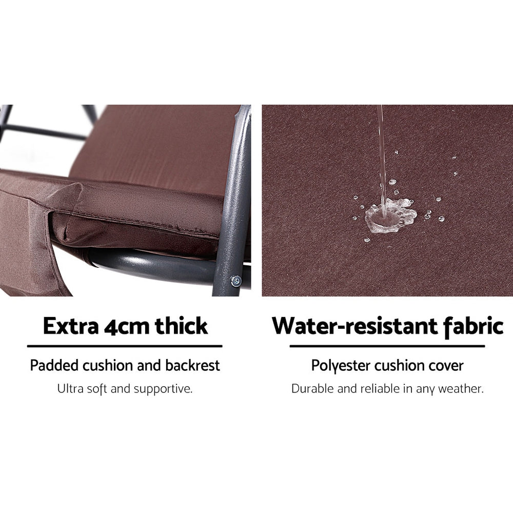 Gardeon Outdoor Swing Chair Garden Chair Bench Furniture Canopy 3 Seater Brown 4