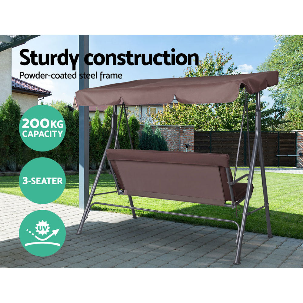 Gardeon Outdoor Swing Chair Garden Chair Bench Furniture Canopy 3 Seater Brown 6