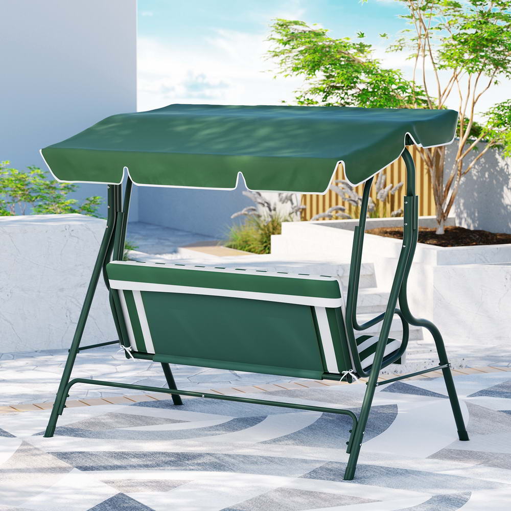 Gardeon Outdoor Swing Chair Garden Bench Furniture Canopy 3 Seater White Green 6