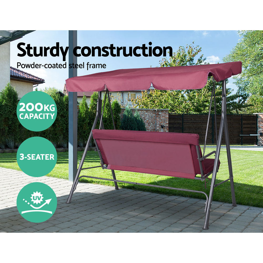 Gardeon Outdoor Swing Chair Garden Bench Furniture Canopy 3 Seater Wine Red 6