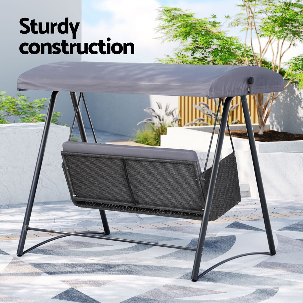 Gardeon Outdoor Swing Chair Garden Bench Furniture Canopy 3 Seater Rattan Grey 6