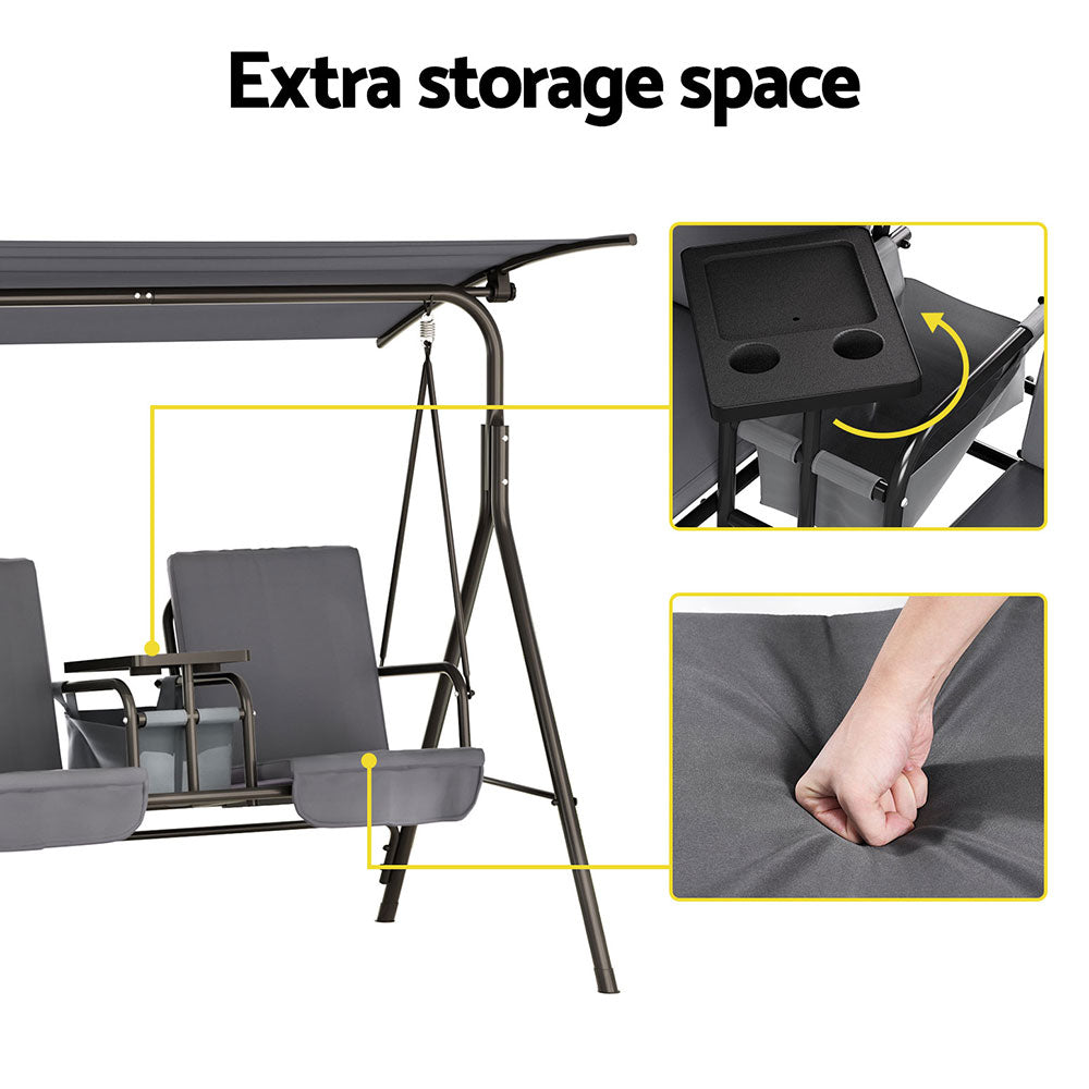 Gardeon Outdoor Swing Chair Garden Chair Canopy Cup Holder 2 Seater Grey 6