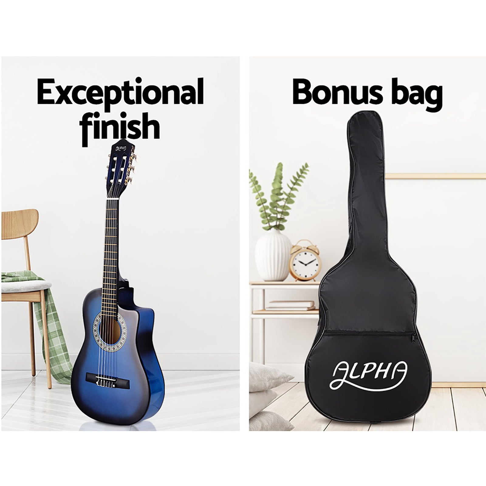 Alpha 34 Inch Classical Guitar Wooden Body Nylon String w/ Stand Beignner Blue 5