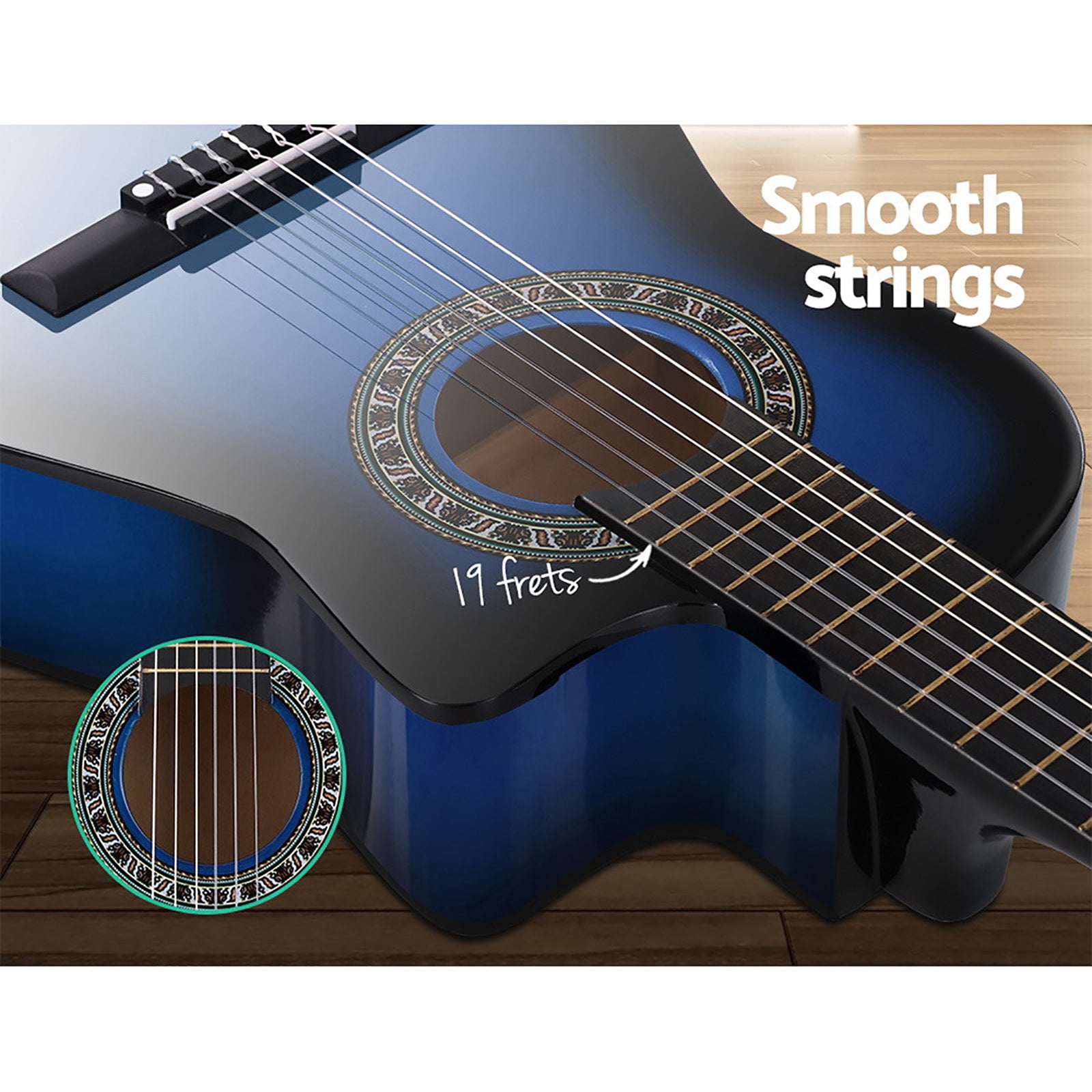 Alpha 34 Inch Classical Guitar Wooden Body Nylon String w/ Stand Beignner Blue 6