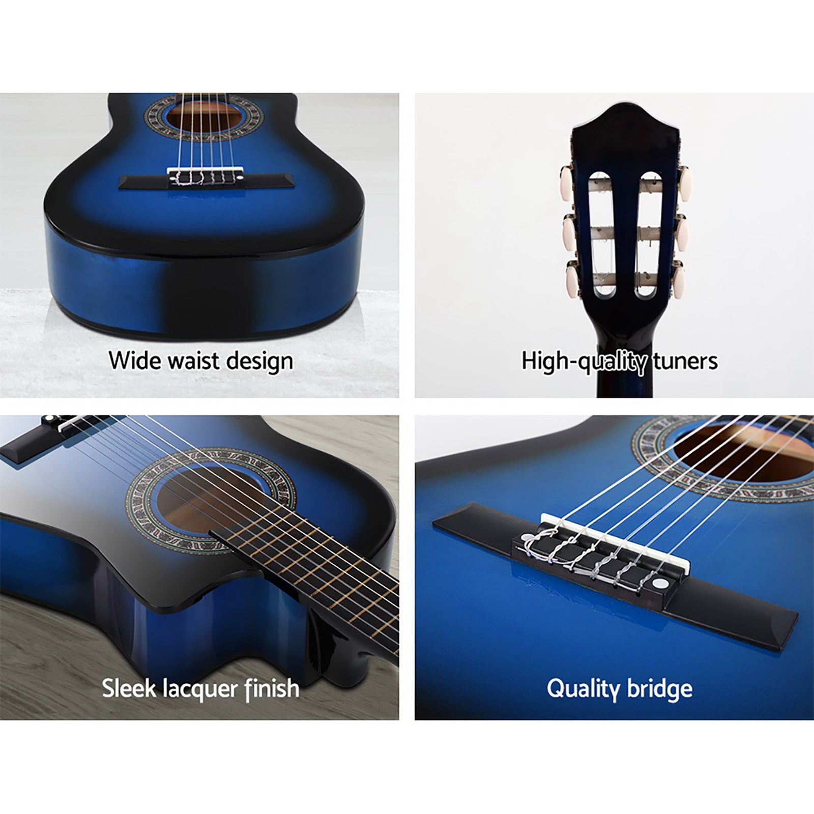 Alpha 34 Inch Classical Guitar Wooden Body Nylon String w/ Stand Beignner Blue 7