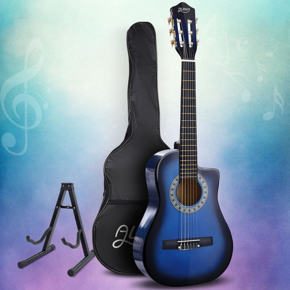 Alpha 34 Inch Classical Guitar Wooden Body Nylon String w/ Stand Beignner Blue 8