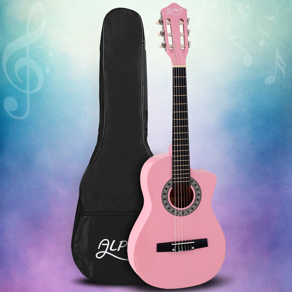 Alpha 34 Inch Classical Guitar Wooden Body Nylon String Beginner Kids Gift Pink 7