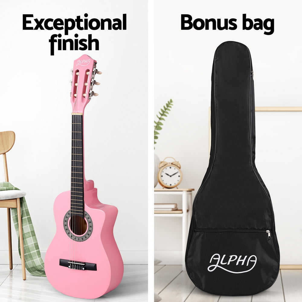 Alpha 34 Inch Classical Guitar Wooden Body Nylon String Beginner Kids Gift Pink 4