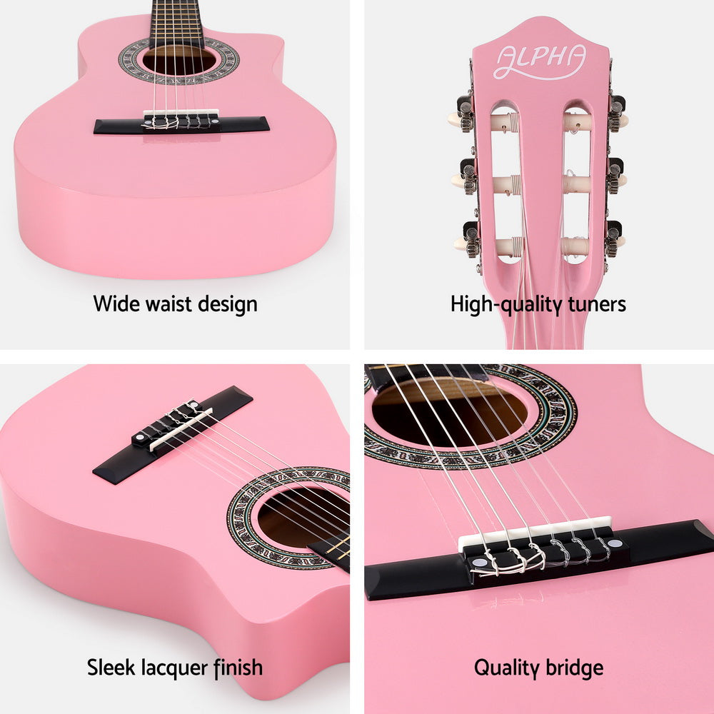 Alpha 34 Inch Classical Guitar Wooden Body Nylon String Beginner Kids Gift Pink 6
