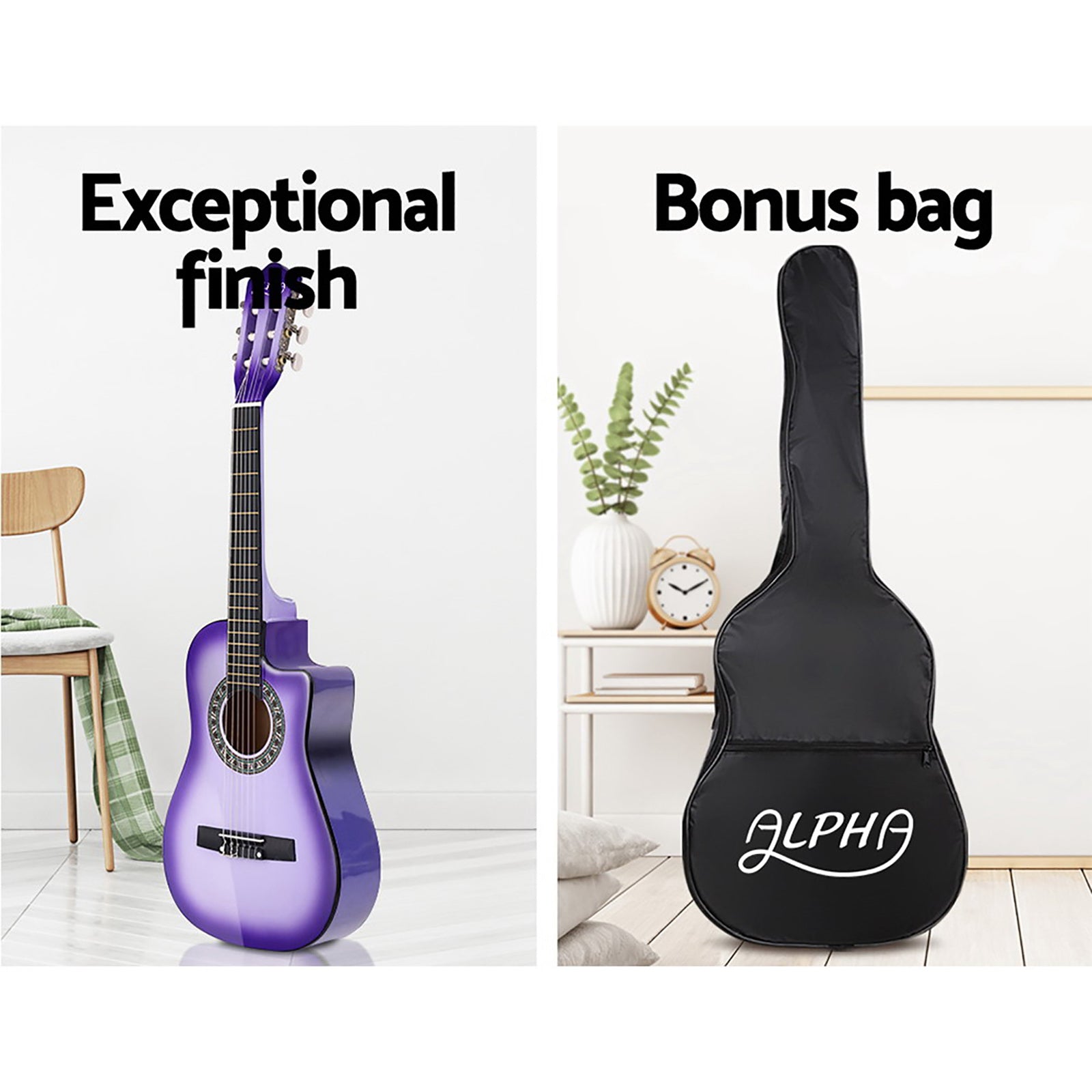 Alpha 34 Inch Classical Guitar Wooden Body Nylon String w/ Stand Beignner Purple 5