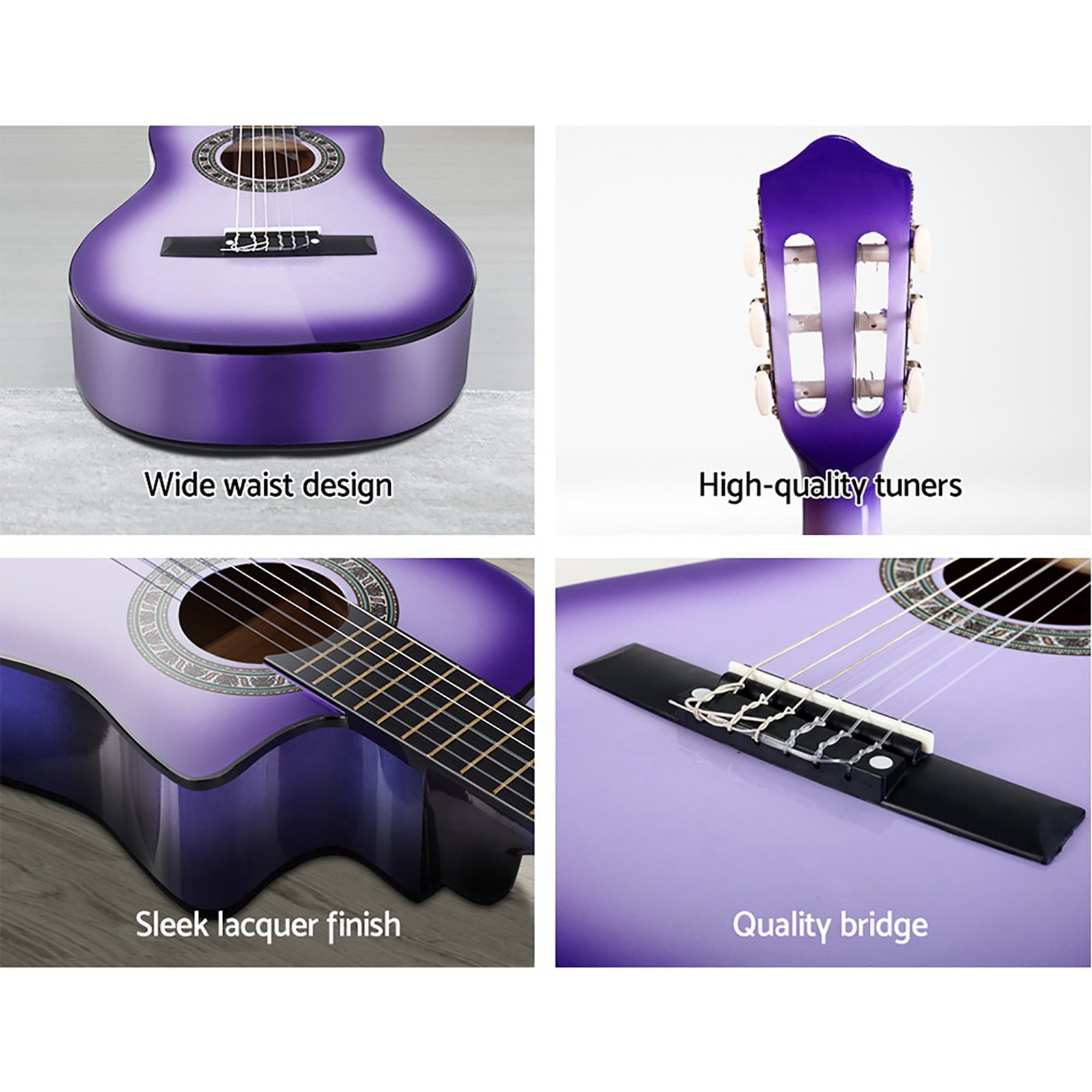 Alpha 34 Inch Classical Guitar Wooden Body Nylon String w/ Stand Beignner Purple 7