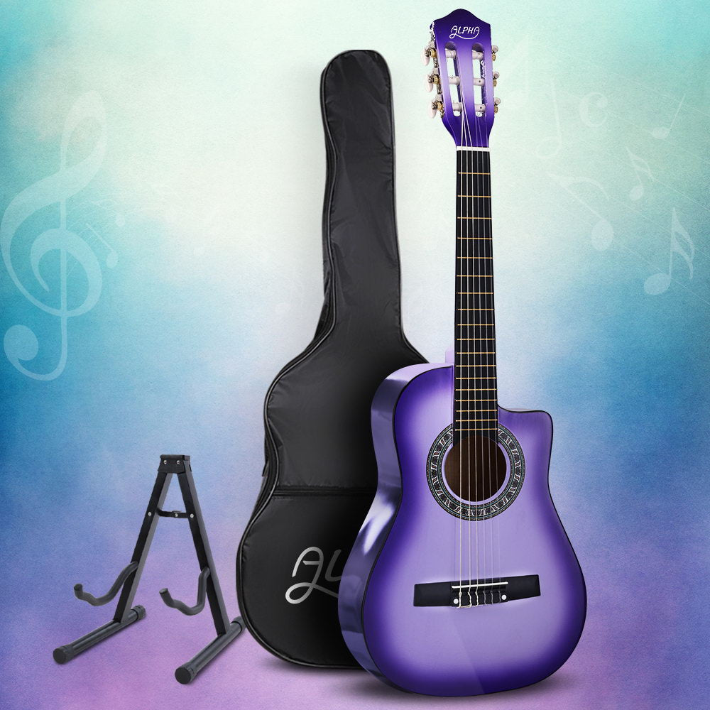 Alpha 34 Inch Classical Guitar Wooden Body Nylon String w/ Stand Beignner Purple 8