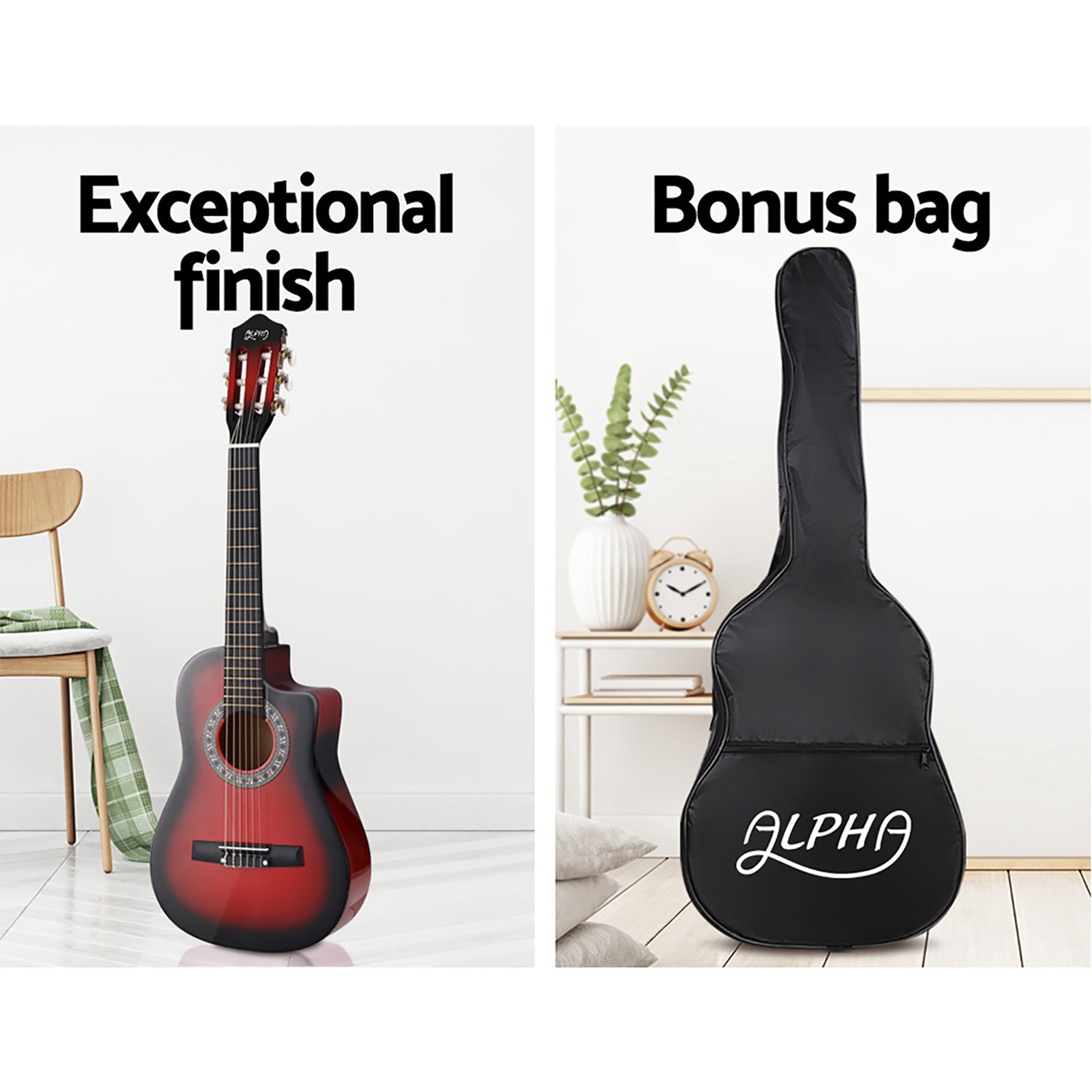 Alpha 34 Inch Classical Guitar Wooden Body Nylon String w/ Stand Beignner Red 4
