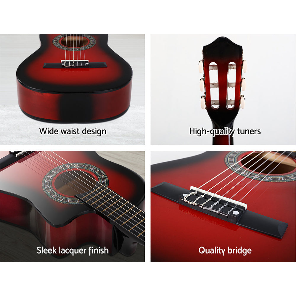 Alpha 34 Inch Classical Guitar Wooden Body Nylon String w/ Stand Beignner Red 6