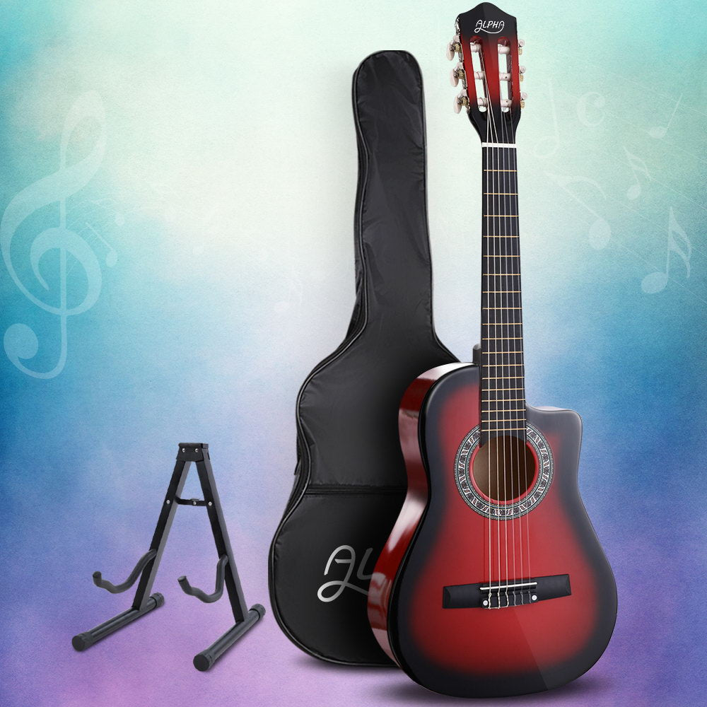 Alpha 34 Inch Classical Guitar Wooden Body Nylon String w/ Stand Beignner Red 7