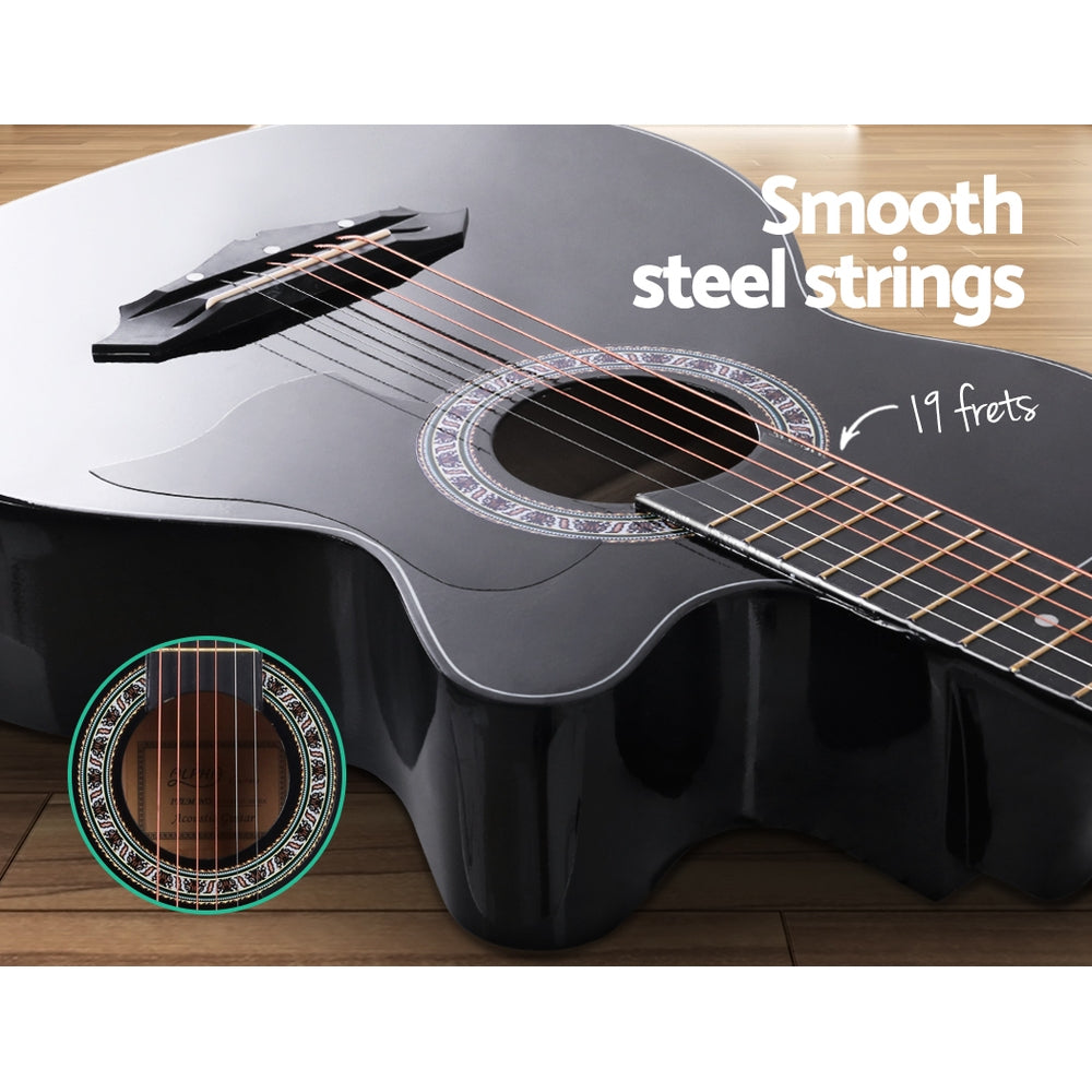 Alpha 38 Inch Acoustic Guitar Wooden Body Steel String Full Size Cutaway Black 4