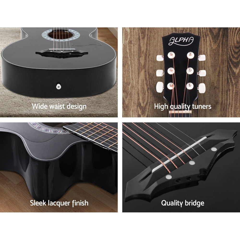 Alpha 38 Inch Acoustic Guitar Wooden Body Steel String Full Size Cutaway Black 5